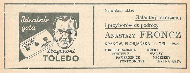 Reklama sklepu mieszczącego się w kamienicy przy ul. Floriańskiej 17.